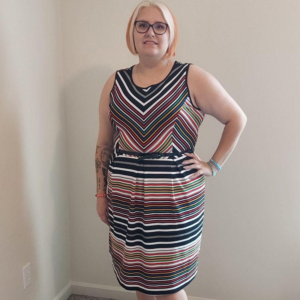 Plus Size ILE New York Sleeveless Stripped Belted Fit and Flare Dress Size 14
